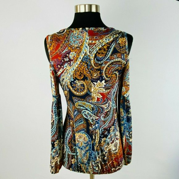 Venus Womens XS Cold Shoulders Tie Front Accent Bohemian Print Long Sleeve Top - Picture 6 of 7